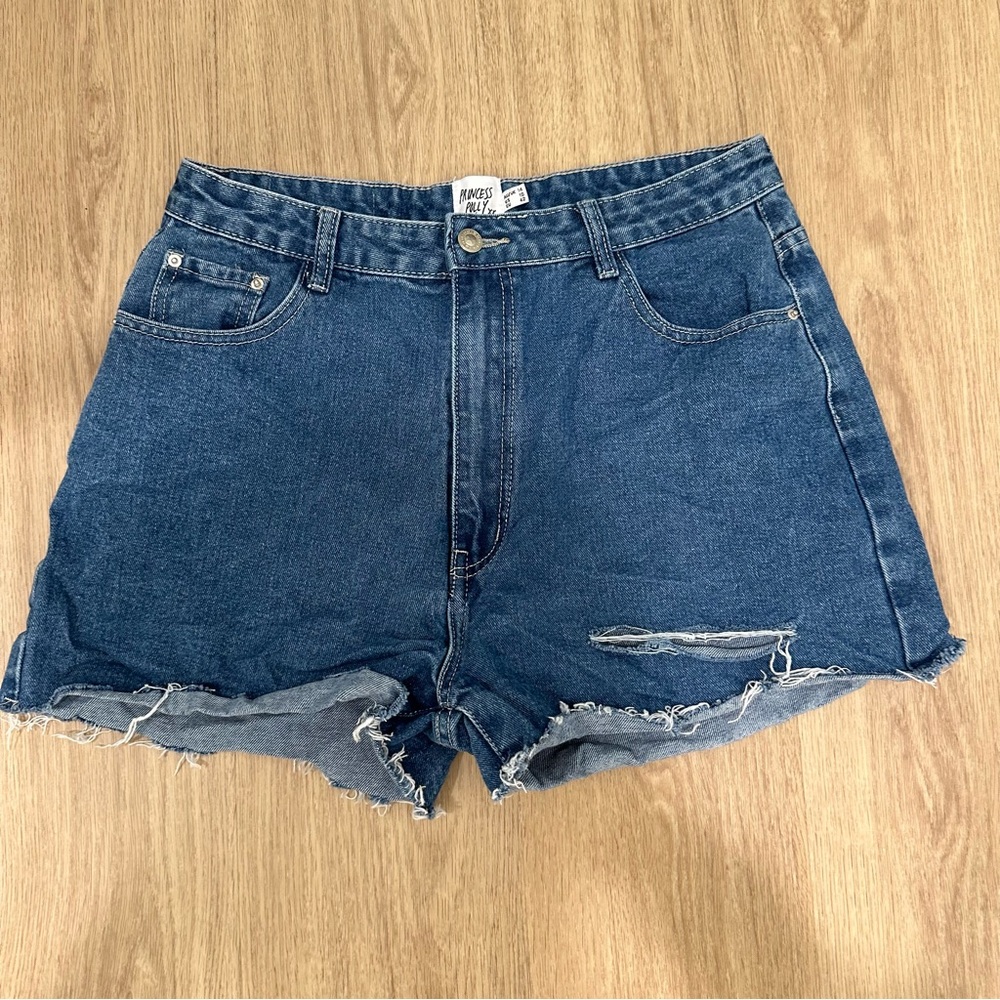 Princess Polly Ribbed Distressed Denim Jean Shorts High Rise Medium Wash